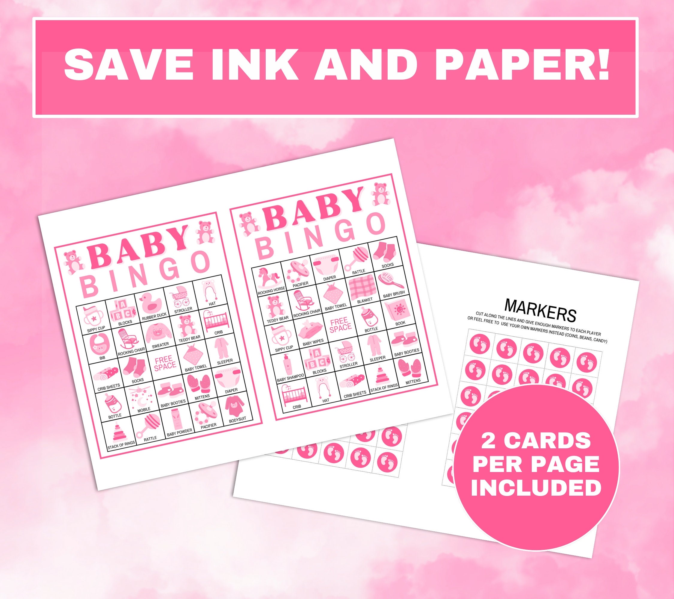 120 Baby Bingo Cards Printable Game, Baby Girl Shower Bingo Game Boards ...