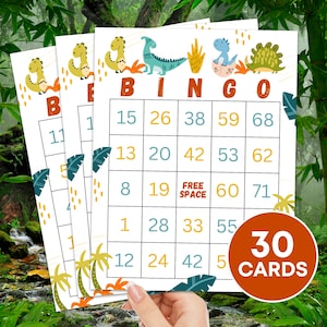 Gioco stampabile di 30 carte Bingo con dinosauri, Gioco di bingo per bambini per feste di compleanno di dinosauri ragazzo, Tabelloni di bingo per feste a tema Dino Attività per bambini B87