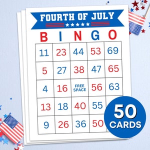 50 cartes de bingo du 4 juillet à imprimer, jeu de bingo pour fête de l'indépendance des États-Unis, 4 juillet, États-Unis, jeu de bingo du 4 juillet pour enfants B84