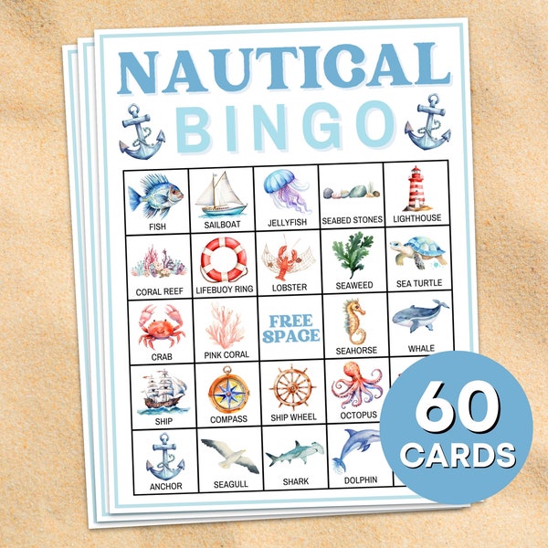 60 Nautical Bingo Cards Printable Game, Ocean Nautical Birthday Party Bingo Game, Sailing Bingo Boards Party Game Activity for Kids B54