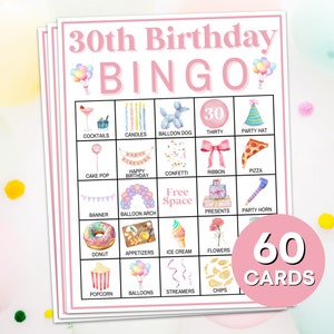 60 30e verjaardag bingokaarten afdrukbaar spel, 30e verjaardag partij bingo bordspel, Womens verjaardagsfeestje bingospel activiteit voor volwassenen B73