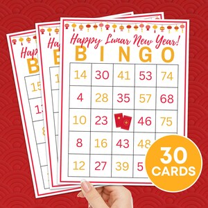 30 nieuwjaarsbingokaarten afdrukbaar spel, Chinees nieuwjaar bingoborden, nieuwjaarsfeest bingospel, kinderen nummerbingo klasactiviteit