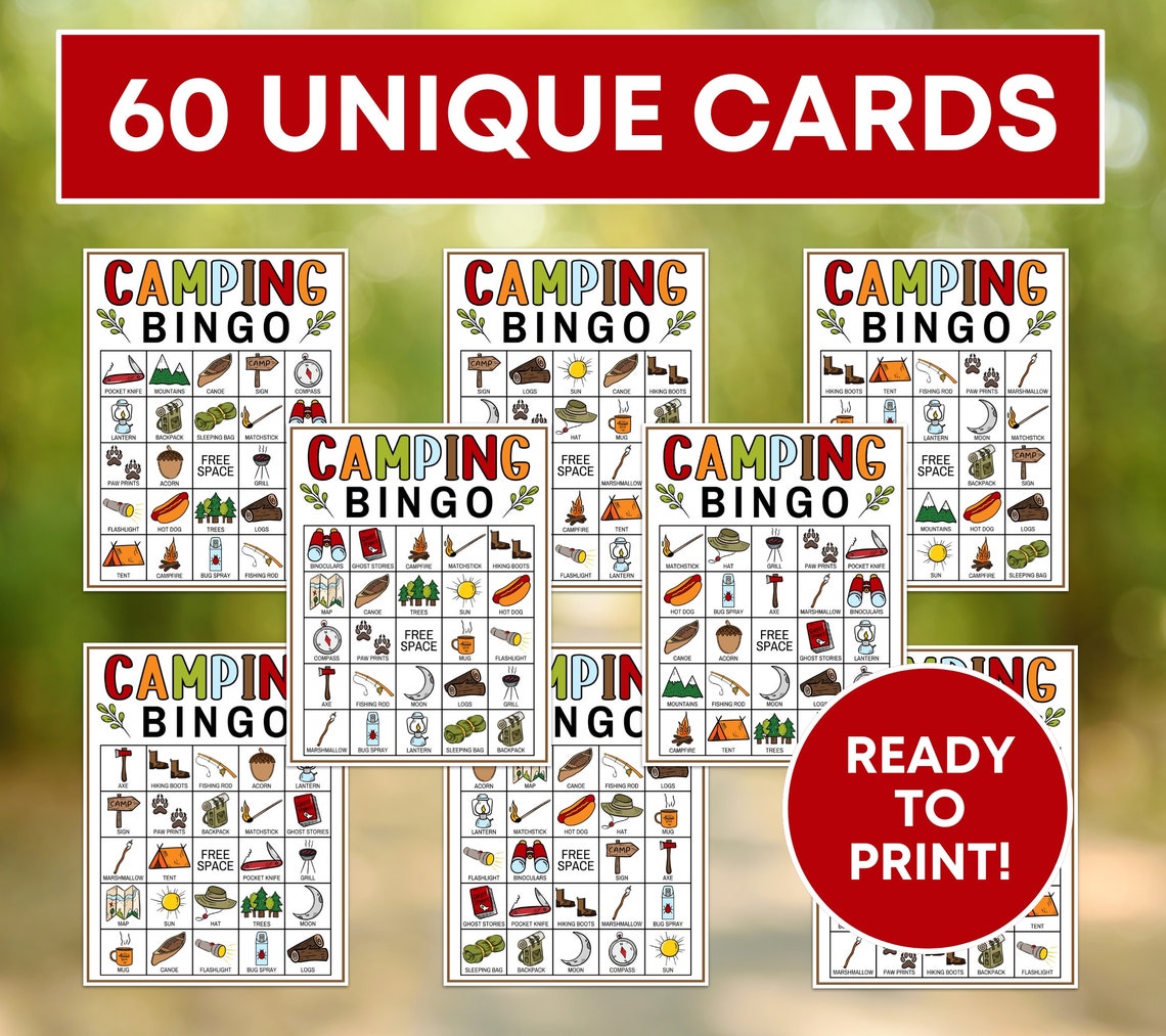 60 Camping Bingo Cards Printable Game, Camping Party Bingo Game ...