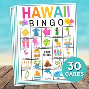 Juego imprimible de 30 cartas de bingo de Hawaii, tarjeta de bingo de fiesta de cumpleaños hawaiana Luau Aloha, actividad de juego de bingo de fiesta hawaiana, juego de fiesta hawaiana B32