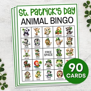 90 Juego de cartas de bingo de animales del Día de San Patricio imprimible, Juego de mesa de bingo de fiesta de animales de San Patricio, Actividad de aula para niños de San Patricio B42