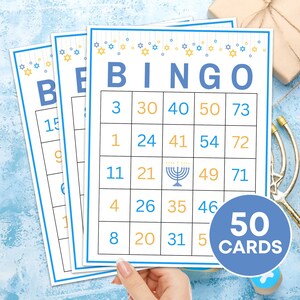 Jeu imprimable 50 cartes de bingo de Hanoucca, planches de bingo pour la fête de Hanoucca, cartes de bingo pour enfants fête juive de Hanoucca, activité de jeu pour la fête de Hanoucca