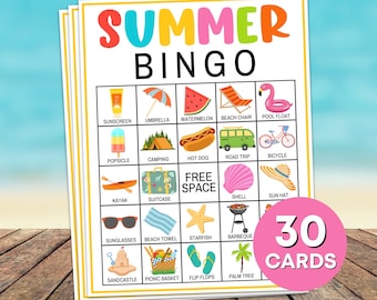 30 cartas de bingo de verano juego imprimible, juego de bingo de fiesta de cumpleaños de verano, actividad de bingo de vacaciones de verano para niños, bingo de viajes de verano B27