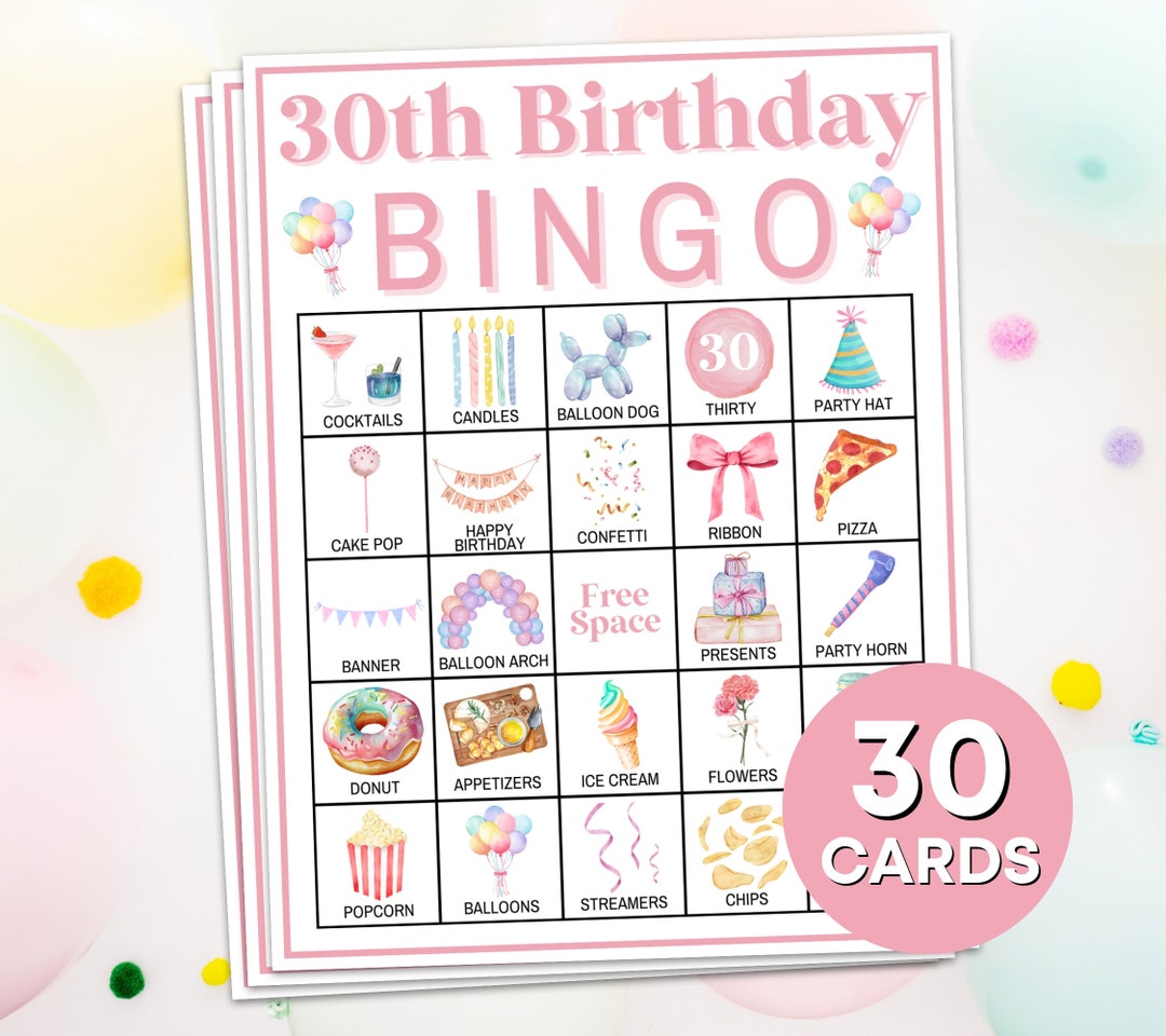30 30th Birthday Bingo Cards Printable Game, 30th Birthday Party Bingo Board Game, Womens
