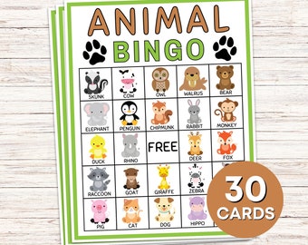30 dieren bingokaarten afdrukbaar spel, dierentuin baby dier bingo borden activiteit, dierlijke verjaardagsfeestje activiteit spel, dierenvriend bingospel B7