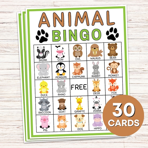 30 Animal Bingo Cards Printable Game, Zoo Baby Animal Bingo Boards Activity, Animal Birthday Party Activity Game, Animal Lover Bingo Game B7