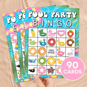 90 Pool Party Bingokaarten afdrukbaar spel, Summer Pool Party Verjaardag Bingo, Pool Floatie Bingo Activiteit voor kinderen, Zomer Bingo Boards B76