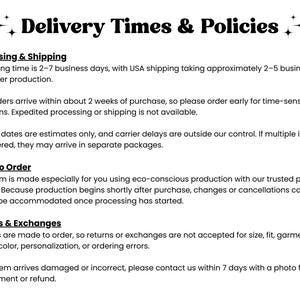 text that outlines the policies and procedures for processing and shipping orders, as well as making items to order. It also provides information on returns and exchanges, and the company's return policy for damaged or incorrect items.