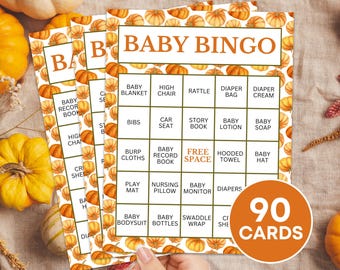90 Pumpkin Baby Shower Bingo Cards Printable Game, Fall Autumn Baby Shower Gift Bingo Activity, October Baby Shower Prefilled Present Bingo