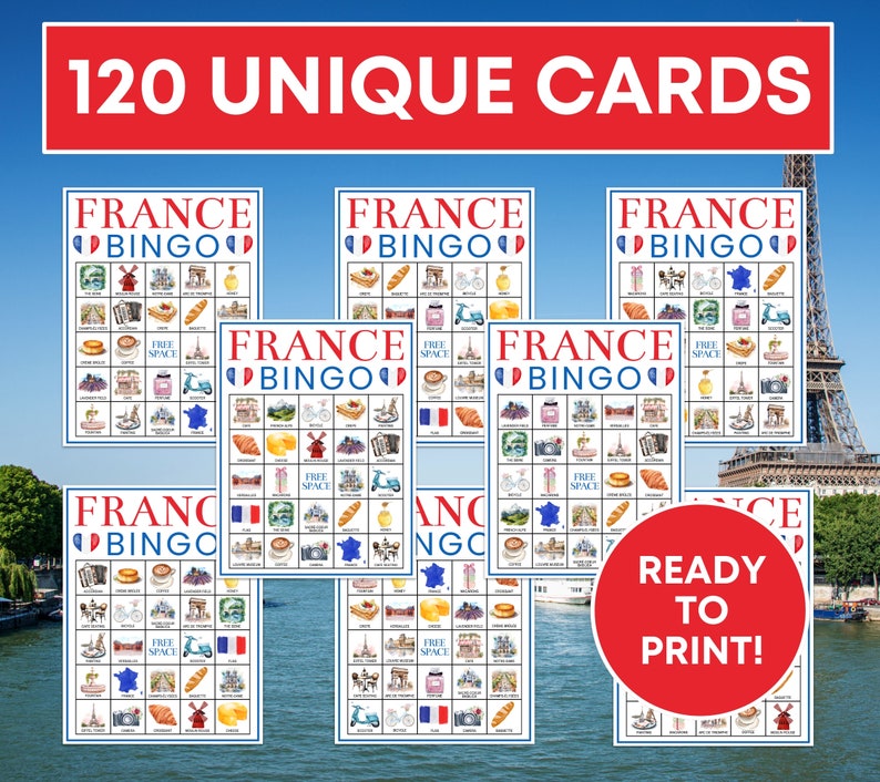120 France Bingo Cards Printable Game, Paris France Travel Bingo Boards ...