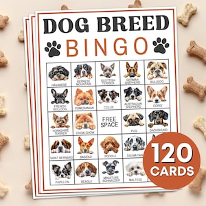 120 cartões de bingo de raça de cachorro, jogo para impressão, jogo de cartas de bingo para cães, jogo de bingo para festa de aniversário de cachorro, placas de bingo para amantes de cães, atividades em sala de aula B65