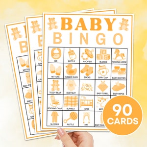 Juego imprimible de 90 cartas de bingo para bebés, tablero de juego de bingo de baby shower amarillo, actividad de baby shower de oso amarillo, juego de cartas de bingo precargado para bebés B71