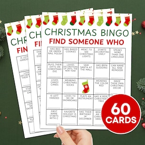 60 kerstmis bingokaarten afdrukbaar spel, kerstvakantie Vind iemand die ijsbreker is bingobord, vind de gast kerstbingospel