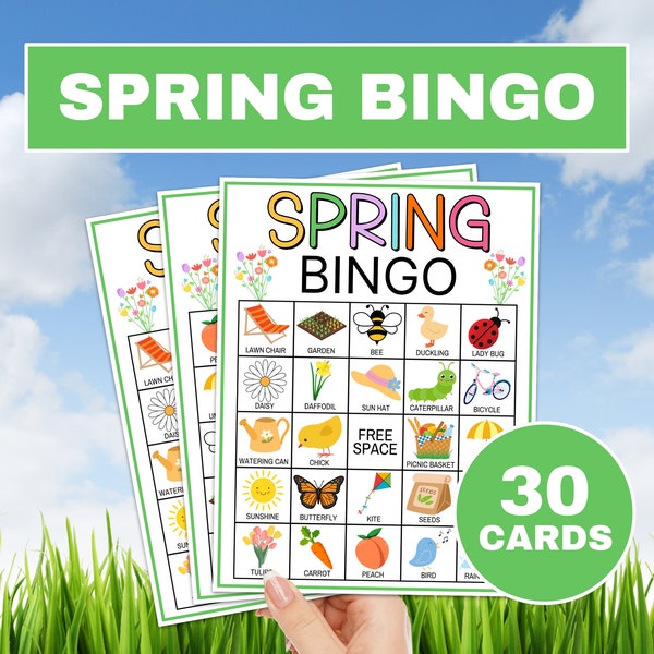 30 Frühlings-Bingokarten druckbares Spiel, Frühlings-Bingokinder im Klassenzimmer, Kinder-Frühlingspartyspiel, Frühlings-Bingobrettspiel