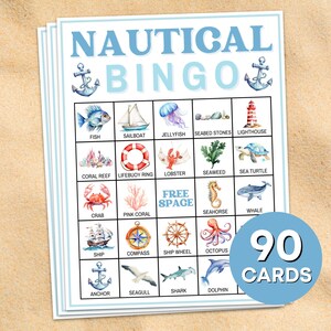 Juego imprimible de 90 cartas de bingo náuticas, juego de bingo de fiesta de cumpleaños náutico del océano, tableros de bingo de vela, actividad de juego de fiesta para niños B54