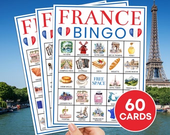 60 cartões de bingo da França, jogo para impressão, jogo de tabuleiro de bingo de viagem em Paris França, atividade de bingo para crianças e adultos, jogo de bingo francês B110