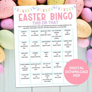 Ostern Bingo Dies oder jenes Spiel, Osterparty Mingle Eisbrecher Würdest du lieber Bingo Erwachsenen, Ostern Klassenzimmer Aktivität Bingo für Kinder Spiel