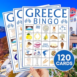 120 Grecia Bingo Carte Gioco stampabile, Grecia Viaggio Bingo Gioco da tavolo, Grecia Party Bingo Attività per bambini per adulti, Santorini Atene Bingo B111