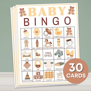 30 baby bingokaarten afdrukbaar spel, Boho baby shower bingospelkaarten, genderneutrale beer baby shower activiteit voorgevulde bingoborden B58