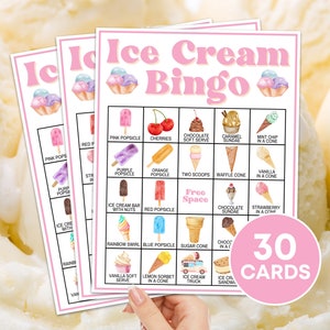 Jeu imprimable de 30 cartes de bingo avec crème glacée, jeu de bingo de fête d&#39;anniversaire de crème glacée, activité de fête de crème glacée en classe, bingo d&#39;été pour enfants B43