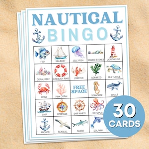 Jeu imprimable de 30 cartes de bingo nautiques, jeu de bingo de fête d'anniversaire nautique océanique, activité de jeu de fête de bingo-test à la voile pour enfants B54