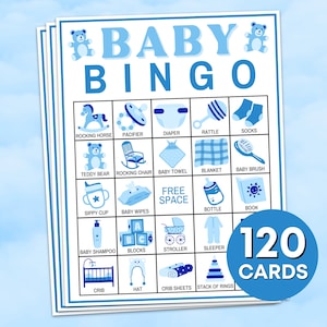 120 cartas de bingo para bebês, jogos para impressão, tabuleiros de jogos de bingo para chá de bebê, urso azul, atividade de chá de bebê, jogo de cartas pré-preenchidas B60