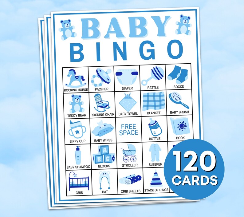 120 Baby Bingo Cards Printable Game, Baby Boy Shower Bingo Game Boards