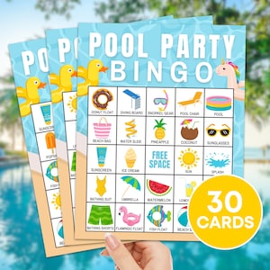 Jeu imprimable de 30 cartes de bingo pour fête à la piscine, Bingo d'anniversaire pour fête d'été à la piscine, activité de bingo pour barbecue à la piscine pour enfants, planches de bingo d'été B90