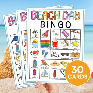 Jeu imprimable de 30 cartes de bingo sur la plage, jeu de bingo pour fête d'anniversaire à la plage, activité de bingo pour les vacances d'été pour les enfants, planches de bingo pour voyage à la plage