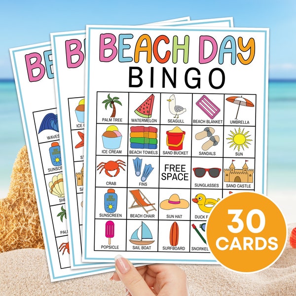 30 Beach Bingo Cards Printable Game, Beach Day Birthday Party Bingo Game, Summer Vacation Bingo Activity for Kids, Beach Travel Bingo Boards