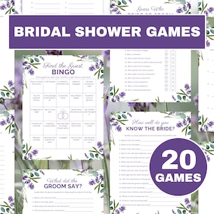 Paquete imprimible de juegos de despedida de soltera de lavanda, juegos de bingo de actividades de despedida de soltera floral púrpura, tarjetas de juegos de ducha de boda con tema de lavanda