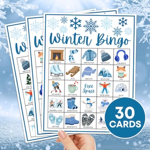 30 Winter Bingo Karten druckbares Spiel, Winter Bingo Brett Aktivität für Kinder, Bingo Winter Urlaub Klassenzimmer Aktivität, Winter Kinder druckbare Spiel