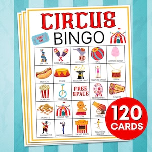 120 Tarjetas de Bingo de Circo Juego Imprimible, Tableros de Juego de Bingo Fiesta de Circo, Juegos de Cumpleaños de Circo, Actividad de Bingo de Carnaval de Circo Imprimible B12