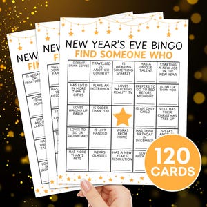 120 tarjetas de bingo para Año Nuevo, juego de bingo para encontrar a alguien en Nochevieja, juego para romper el hielo en fiestas de Año Nuevo, tablero de bingo para encontrar al invitado