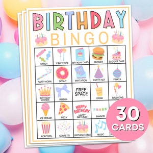 30 Birthday Bingo Cards Printable Game, Pastel Kids Birthday Bingo Boards Party Game, Girls Birthday Party Bingo Game Activity for Kids B72