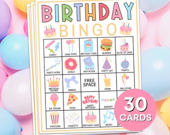 30 Birthday Bingo Cards Printable Game, Pastel Kids Birthday Bingo Boards Party Game, Girls Birthday Party Bingo Game Activity for Kids B72