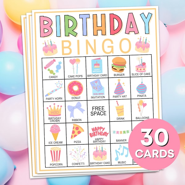 Jeu imprimable de 30 cartes de bingo d'anniversaire, jeu de société pastel de planches de bingo d'anniversaire d'enfants, activité de jeu de bingo de fête d'anniversaire de filles pour les enfants B72