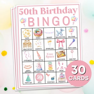 Jogo para impressão de cartas de bingo de 30 anos e 50 anos, jogo de tabuleiro de bingo para festa de 50 anos, atividade de jogo de bingo para festa de aniversário feminina para adultos B75