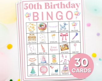 30 50th Birthday Bingo Cards Printable Game, 50th Birthday Party Bingo Board Game, Womens Birthday Party Bingo Game Activity for Adults B75