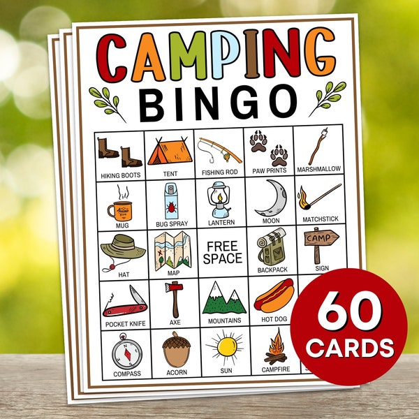 60 Camping Bingo Cards Printable Game, Camping Party Bingo Game Activity, Summer Camp Bingo Game for Kids,Campground Activities for Kids B34