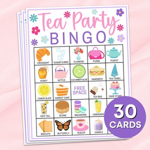 30 Tea Party Bingo Cards Printable Game, Tea Party Bridal Shower Bingo Boards Activity, Tea Party Girls Birthday Activities Bingo Game B35