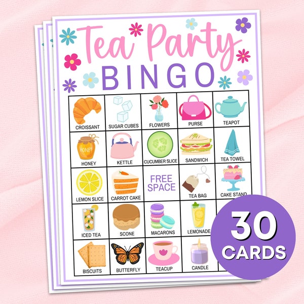 30 Tea Party Bingo Cards Printable Game, Tea Party Bridal Shower Bingo Boards Activity, Tea Party Girls Birthday Activities Bingo Game B35