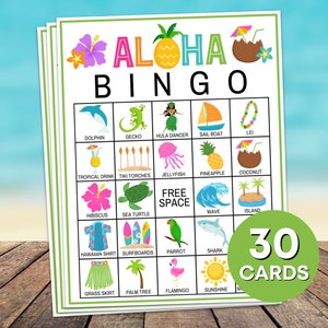 30 Aloha Bingo Cards Juego imprimible, Luau Hawaiian Birthday Party Bingo Boards, Luau Party Bingo Game Activity, Hawaiian Party Games B33