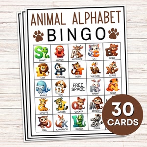 Jogo de cartas de bingo com alfabeto de 30 animais, placas de bingo com alfabeto de animais para crianças, atividade de sala de aula para crianças, jogo de bingo para crianças do alfabeto b68