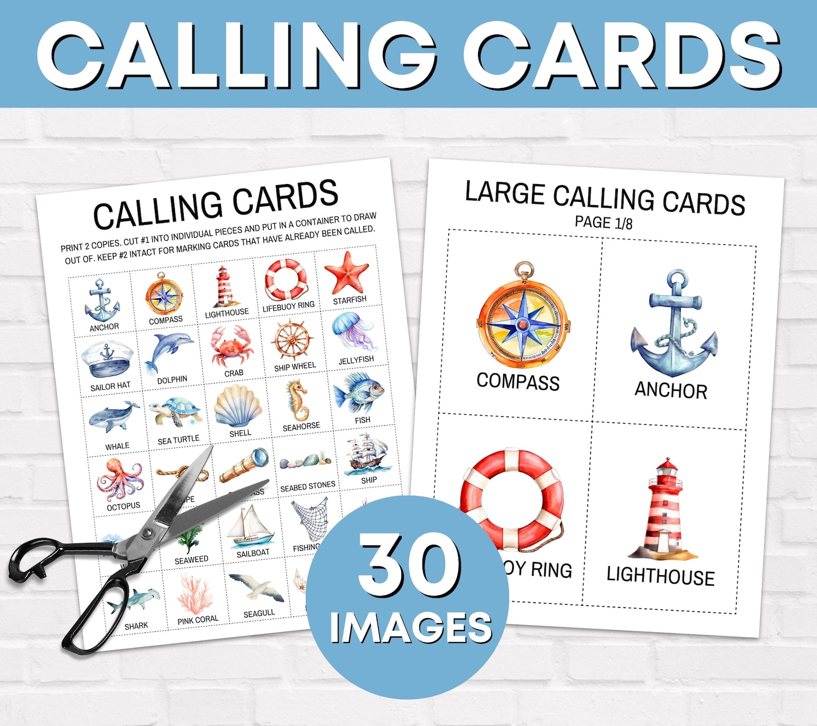 30 Nautical Bingo Cards Printable Game, Ocean Nautical Birthday Party ...
