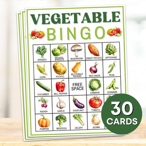 Juego imprimible de 30 cartas de bingo de verduras, tableros de bingo de verduras, actividad de aula de bingo de verduras para niños, juegos de fiesta de comida vegetariana B57